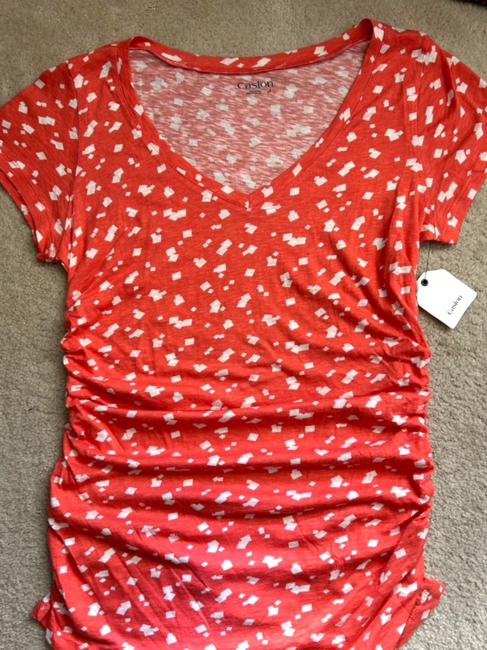WOMEN'S SHORT SLEEVE TANK, GATHERING AT SIDES, CORAL/IVORY PRINT, SIZE XL